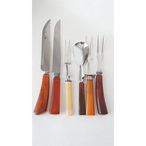 Vintage 6 Bakelite Utensils Meat Forks Carving Knife Spoon Knife Large Spoon Lot